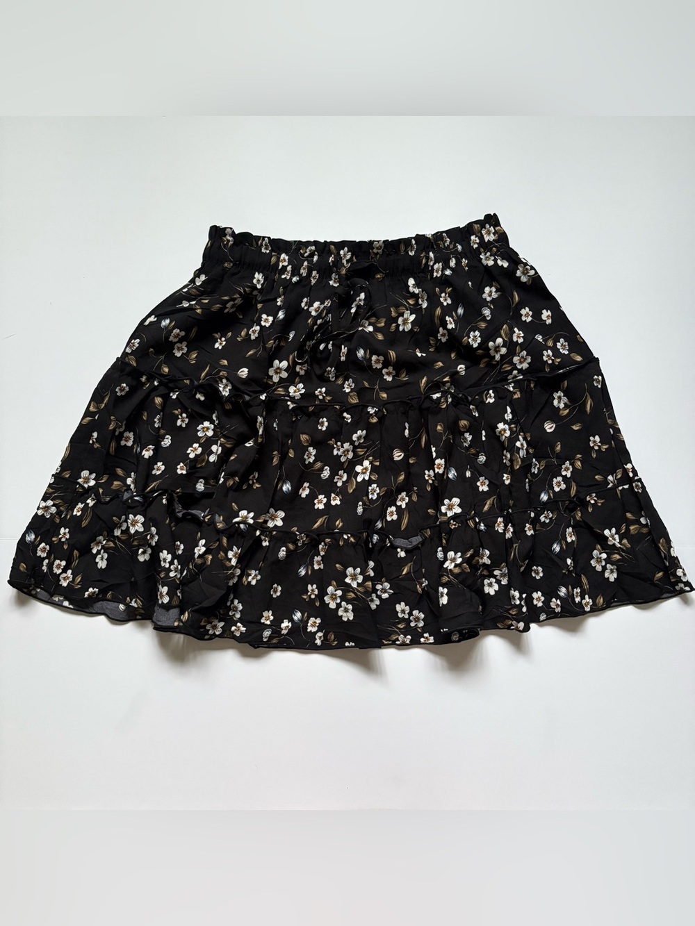 Black Floral Tiered Ruffle Mini Skirt